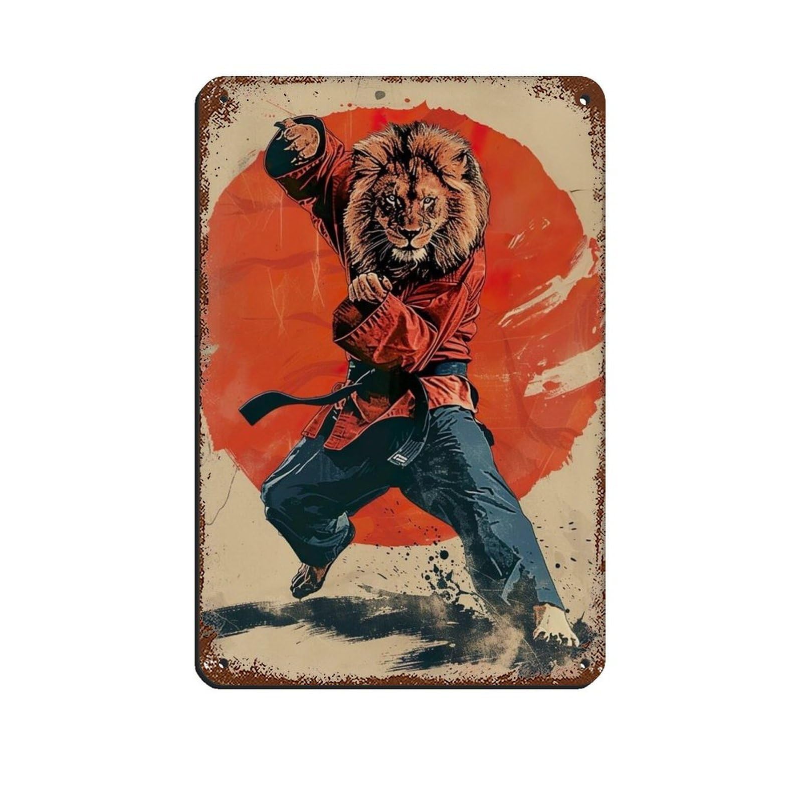 Lxwnze 20L X 30W Cm Ninja Lion Throwing A Karate Punch Tin Sign Vintage Metal Pub Club Cafe Bar Home Wall Art Decoration Poster Retro 8X12inch(20X30cm)