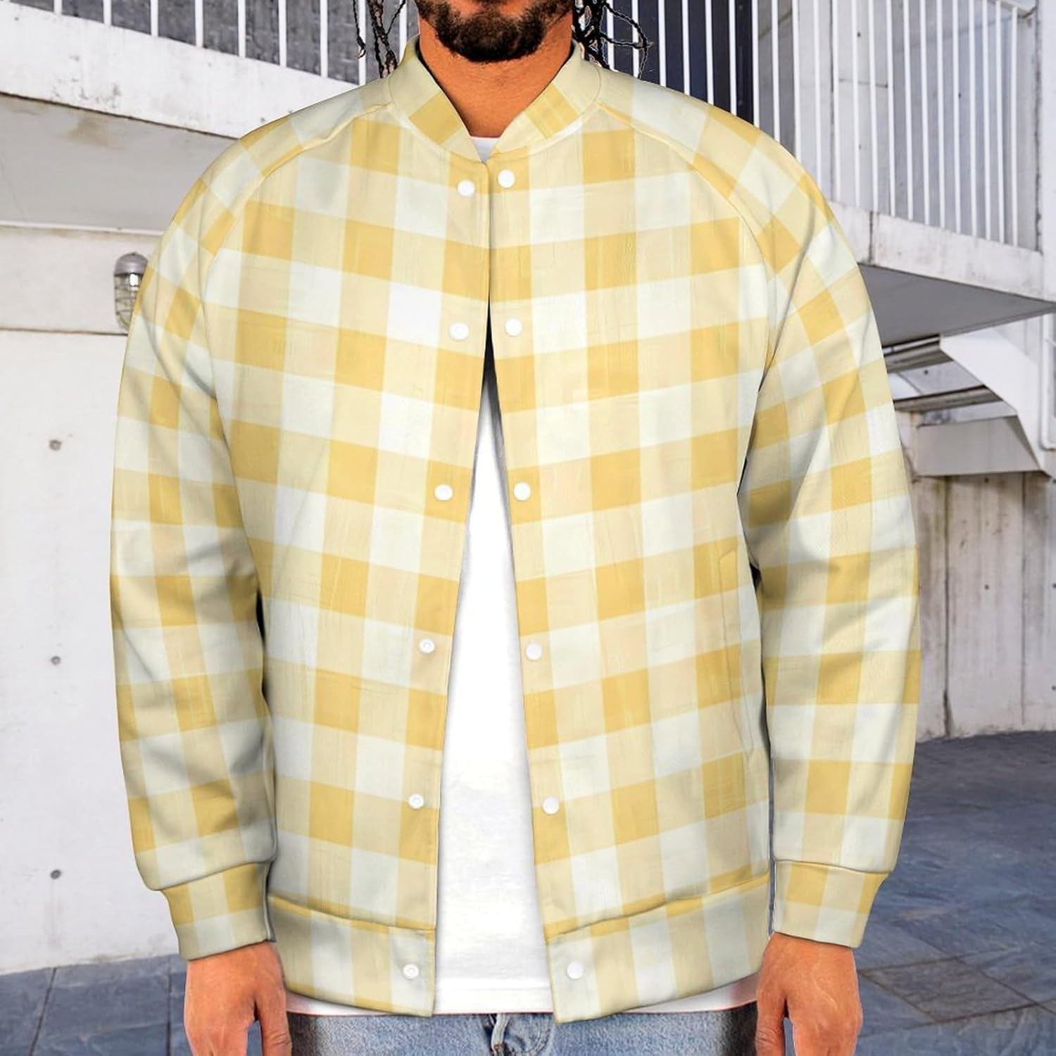 Pastel Lemon Yellow Checked Novelty Men's Baseball Jackets Causal Sweatshirt Button Top Long Sleeve Coat