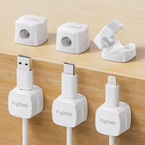 6 Pack Magnetic Cable Clips, FlyCoco Cell Phone Cord Holder for Nightstand, Cord Organizer for Side Table, [Smooth Adjustable] Mini Cube Cord Holder for Home Office Desk Phone Car Wall Desktop(White)