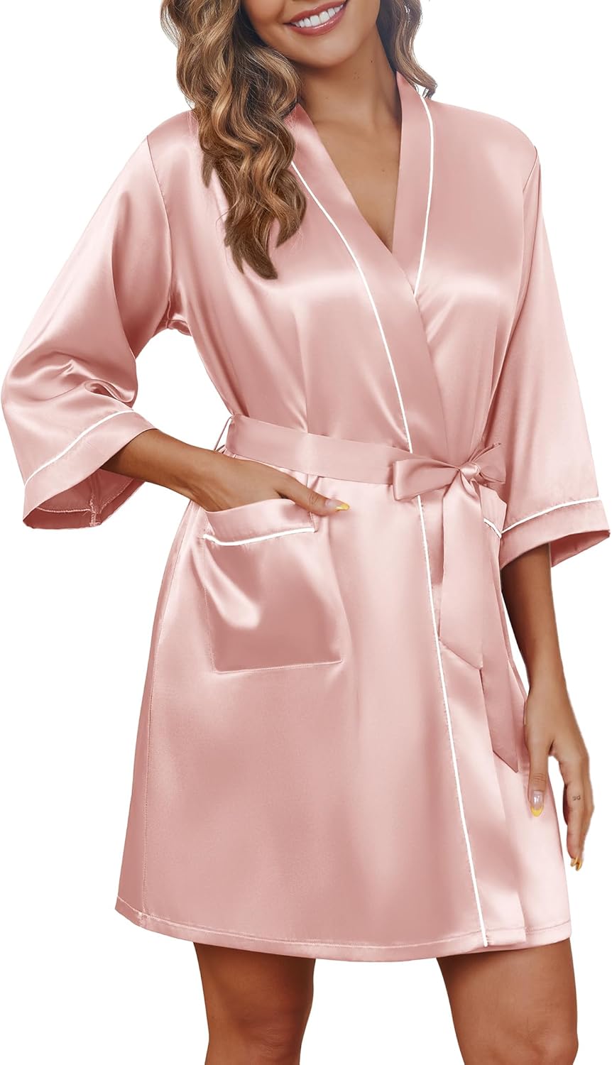 Ekouaer Silky Robes for Women Satin Knee Length Bride Bridesmaid Wedding Party Bathrobe Lightweight Sleepwear with Pockets