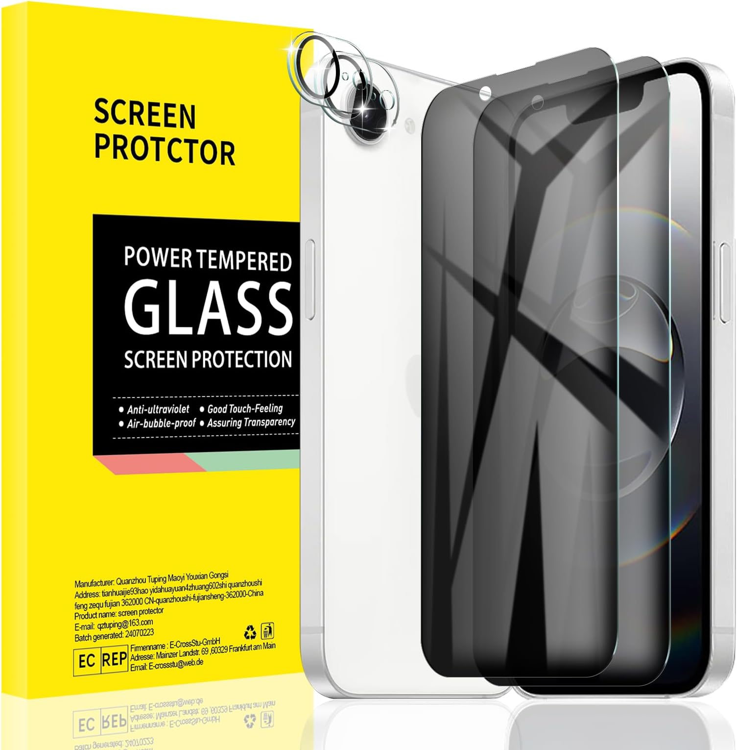 2+2 Pack Privacy Screen Protector for iPhone 16e with Camera Lens Protector, Anti-Spy Tempered Glass Film Accessories, Private Protection, Anti-Scratch, Case-Friendly, 9H Hardness.