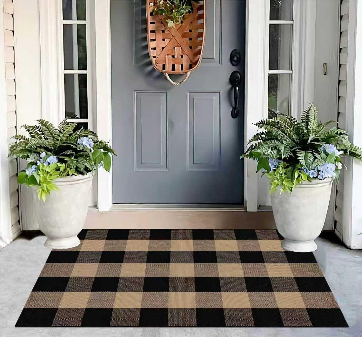 Tan and Black Door Mats Outdoor 27.5''X 43.3''Checkered Spring Front Porch Rug Cotton Washable Small Area Rug for Hello Welcome Layered Entryway