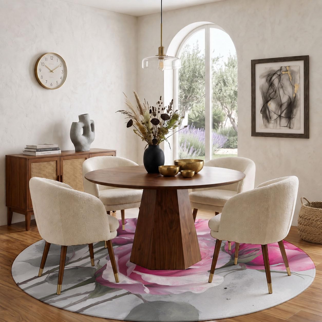 Tapis Rond Roses Roses Feuilles Vertes 180cm | Fleurs Aquarelles Vintage Rond Tapis Doux Résistant, Lavable Antidérapant pour Chambre à Coucher Salle à Manger