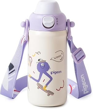 PIGEON Kids Insulated Water Bottle, 17oz/500ml Stainless Steel Spill-Proof, 2-in-1 Straw & Spout, Easy-Open Lid, Adjustable Strap, Ages 3+ for School & Outdoor, Lone-legs Goes Stakeboarding