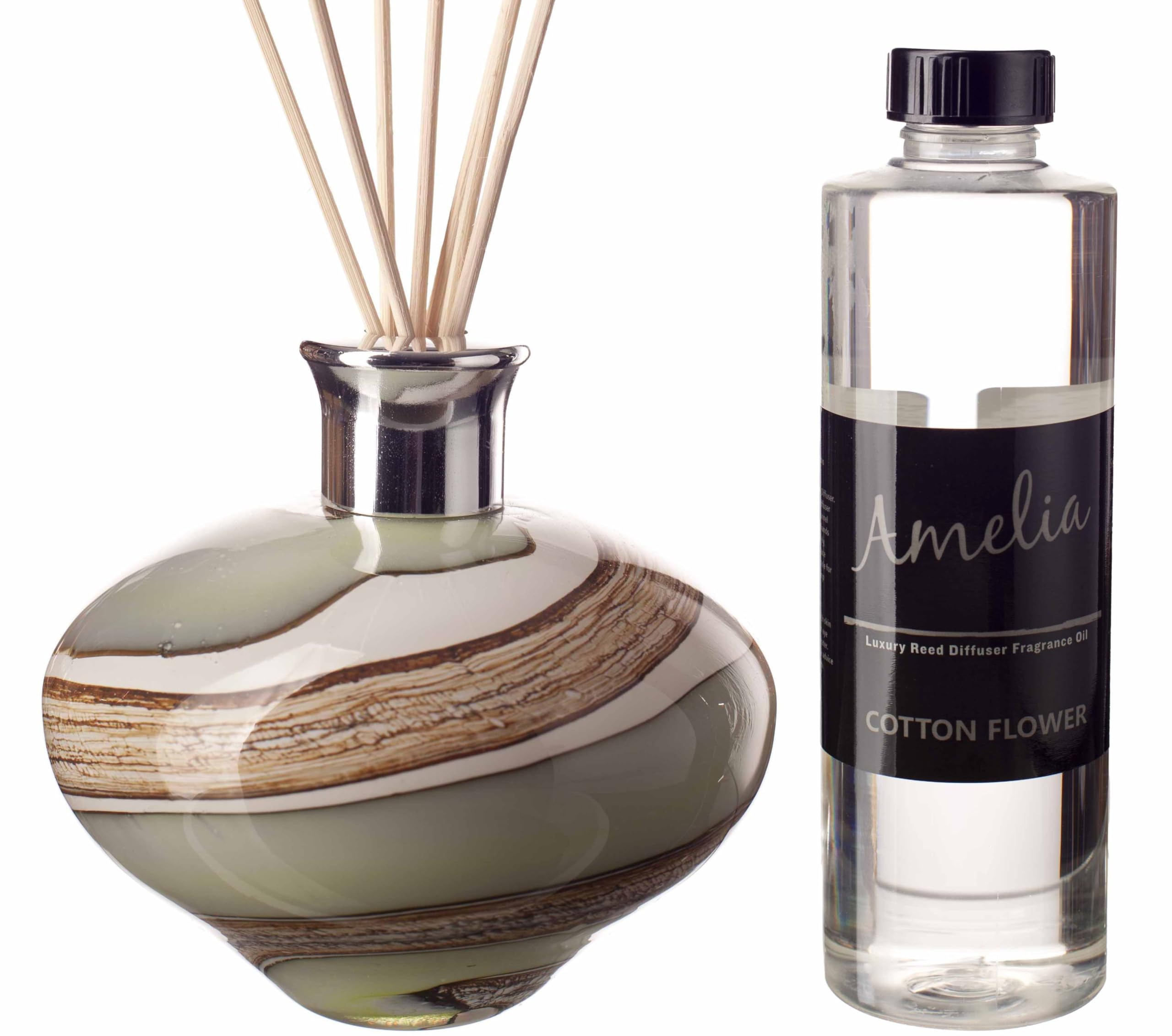 Amelia Art Glass Sage, Grey, Brown & Cream Reed Diffuser Oval In Smoked Meadows With Lemongrass & Ginger Fragrance & Gift Bag,