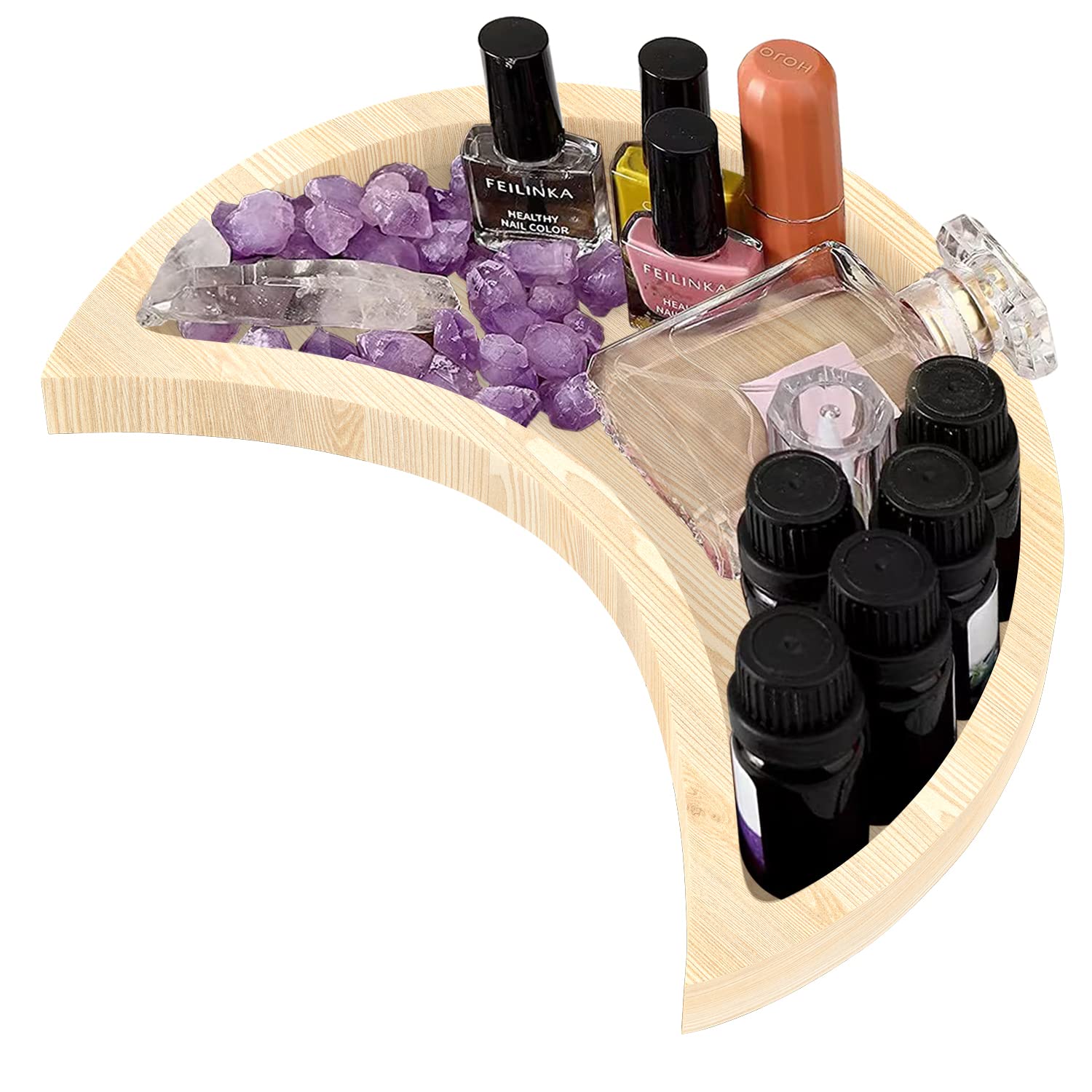 Wooden Moon Tray Crystal Holder 10x5 Inch, Naudem Large Nature Wood Crescent Crystal Display, Moon Shaped Ramadan Tray, Rustic Rock Display Case Organizer for Essential Oil Jewelry