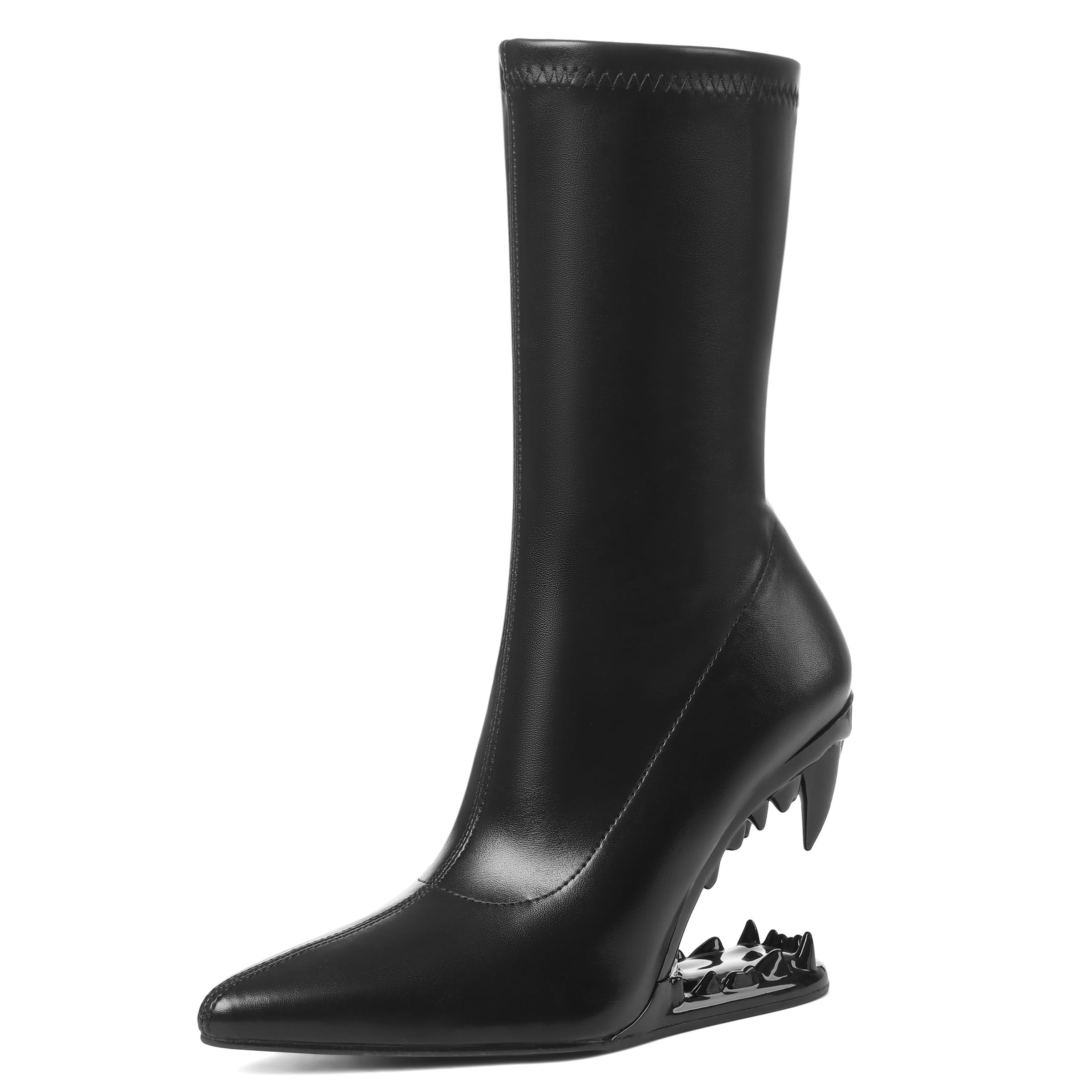 Goiphrri Ankle Boots for Women Wedge Boots with Shark Teeth Heel Stretch Fit Elastic Pointed Toe Black Booties