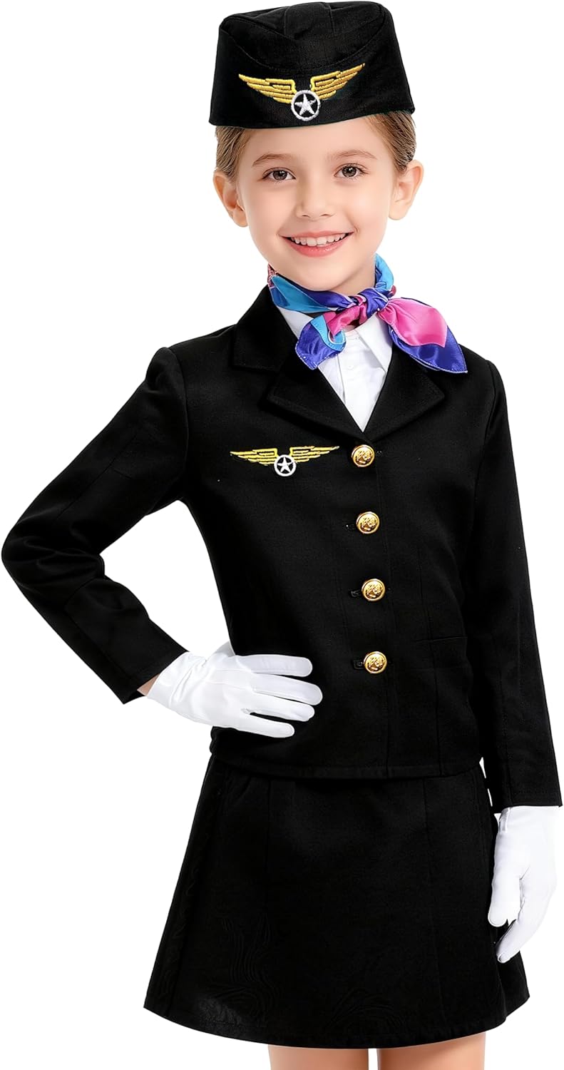 Flight Attendant Costume for Kids Stewardess Costume Set for Girls’ Career Day 100 Days of School Halloween Dress Up