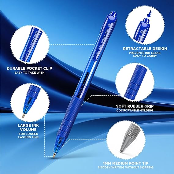deli Pens Bulk,50 Pack Ballpoint Pens Blue Ink 1.0MM Medium Point | Smooth Writing Retractable Pen with Soft Grip, No Bleed, Fast Dry for Office School Home Use