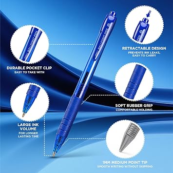 deli Pens Bulk,50 Pack Ballpoint Pens Blue Ink 1.0MM Medium Point | Smooth Writing Retractable Pen with Soft Grip, No Bleed, Fast Dry for Office School Home Use