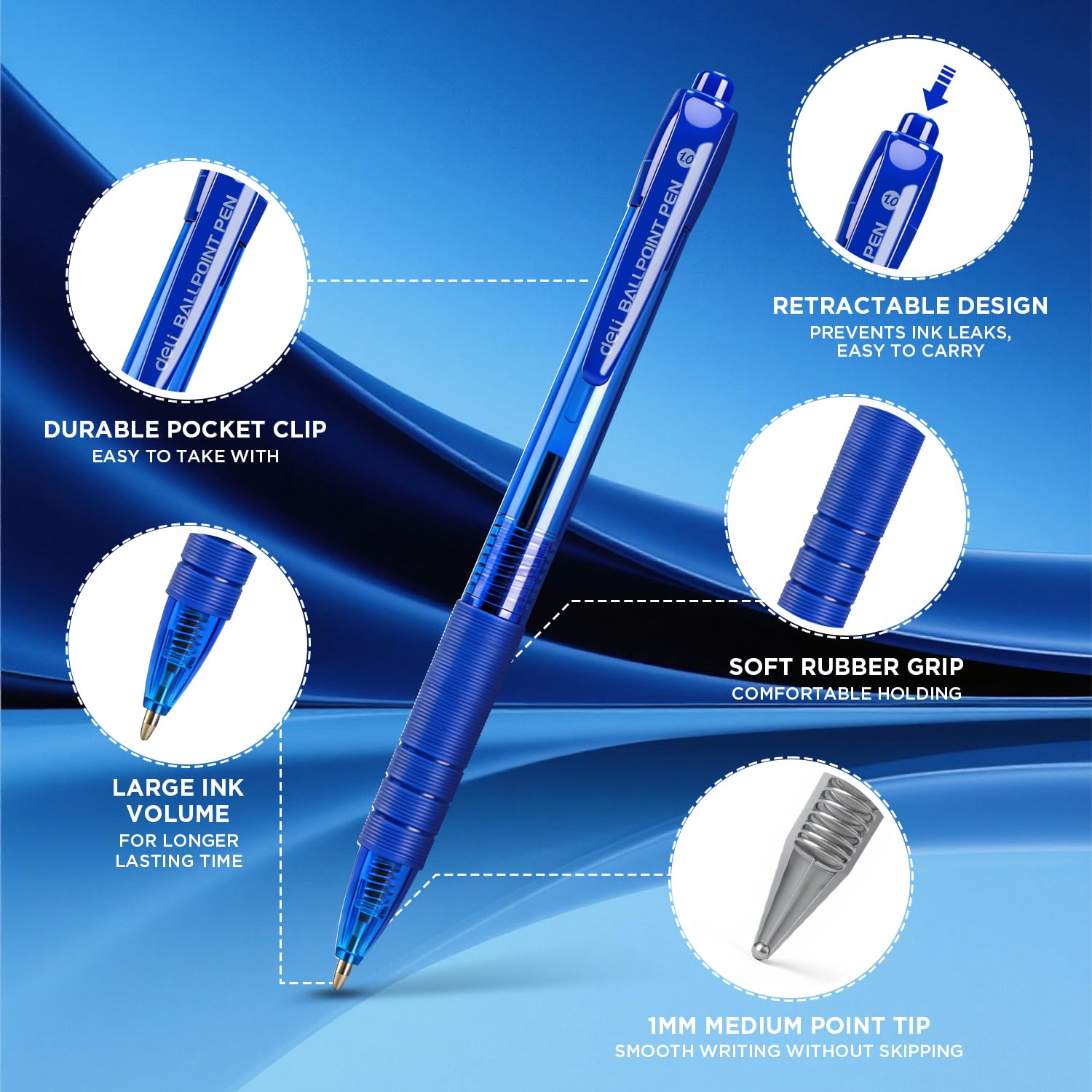 deli Pens Bulk 50 Pack Ballpoint Pens Blue Ink 1 0MM Medium Point Smooth Writing Retractable Pen with — view 3