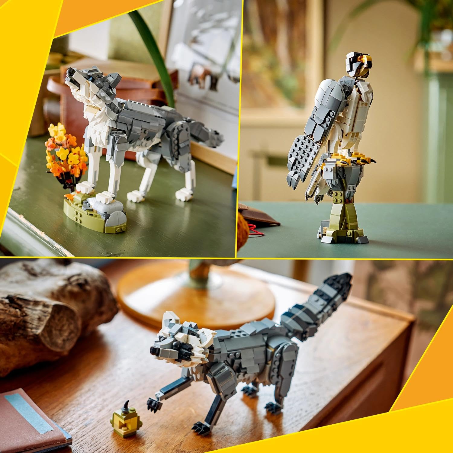 LEGO Creator 3-en-1 Les Animaux de la Forêt : Le Loup Gris - Jouet - Figurine d'animal se Transformant en Faucon ou Raton Laveur - Décoration DIY - Cadeau d'anniversaire Fille ou Garçon 8 Ans 31393