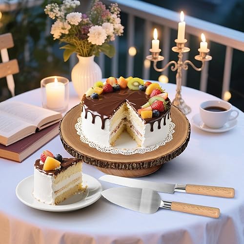 Miniatura 6 de Soporte giratorio para tartas de madera de 12 pulgadas con juego de corte de pasteles, soportes de madera rústica para tartas para fiestas, bodas,