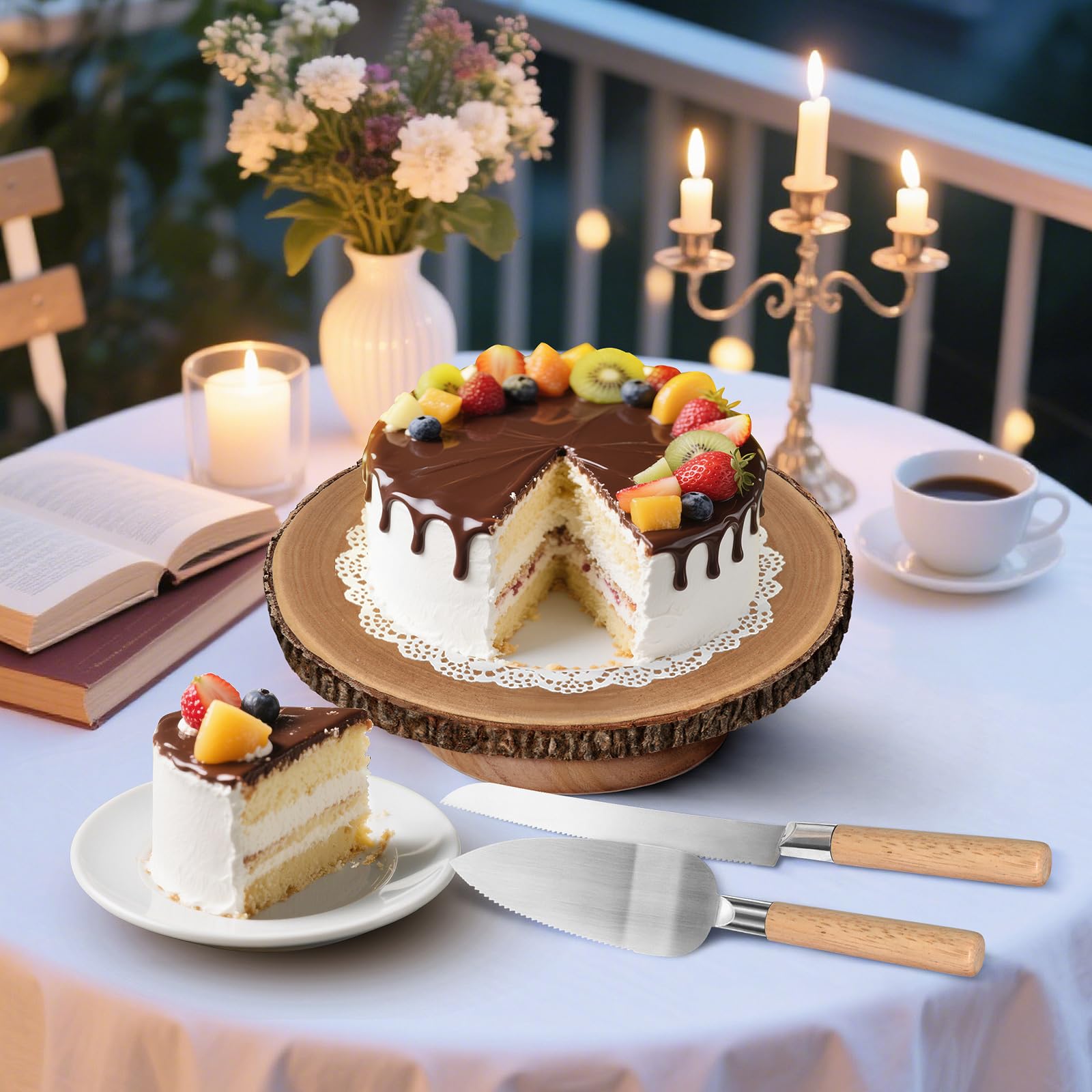 Soporte giratorio para tartas de madera de 12 pulgadas con juego de corte de pasteles, soportes de madera rústica para fiestas, bodas, regalos de horneado, eventos, decoración de pasteles