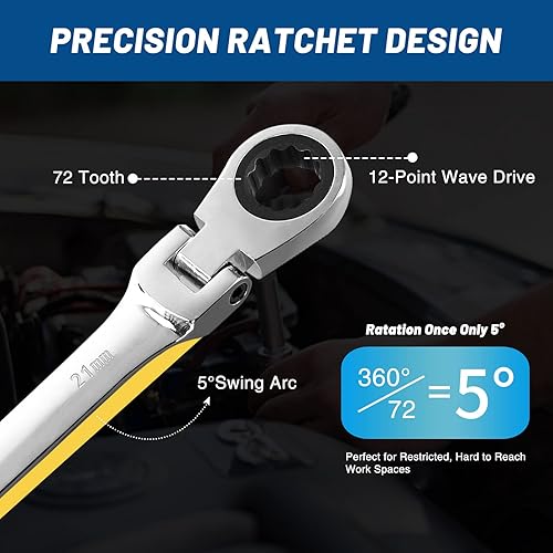 Miniatura 5 de Tongze Llave de trinquete de cabeza flexible de 0.827 in Llave combinada de trinquete métrica con cabezal flexible de 12 puntos y extremo abierto
