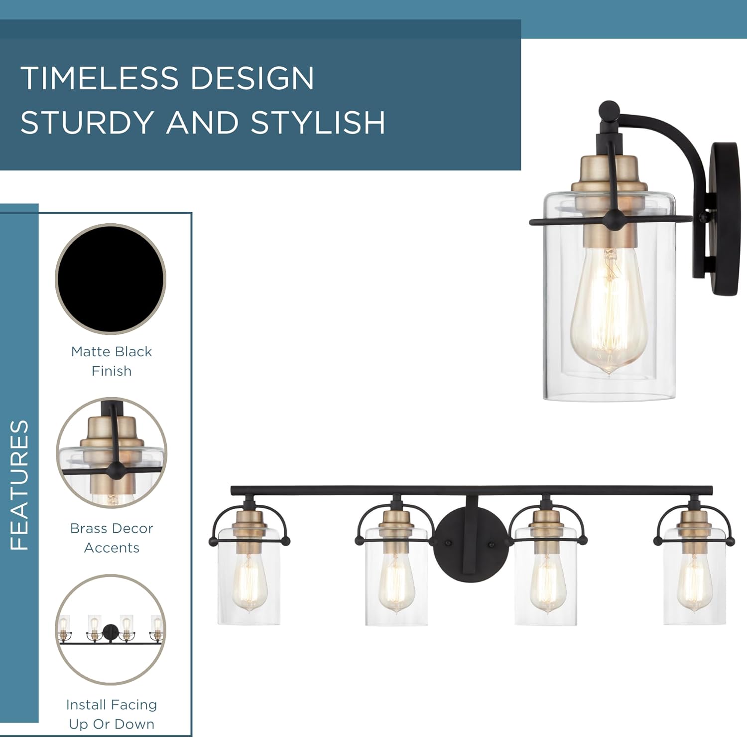Quoizel Emerson Bath Vanity Lights, 33 Inch 4-Light Matte Black Bathroom Lighting Fixtures Over Mirror, Clear Glass Shades, Transitional Wall Mount Light for Bathroom