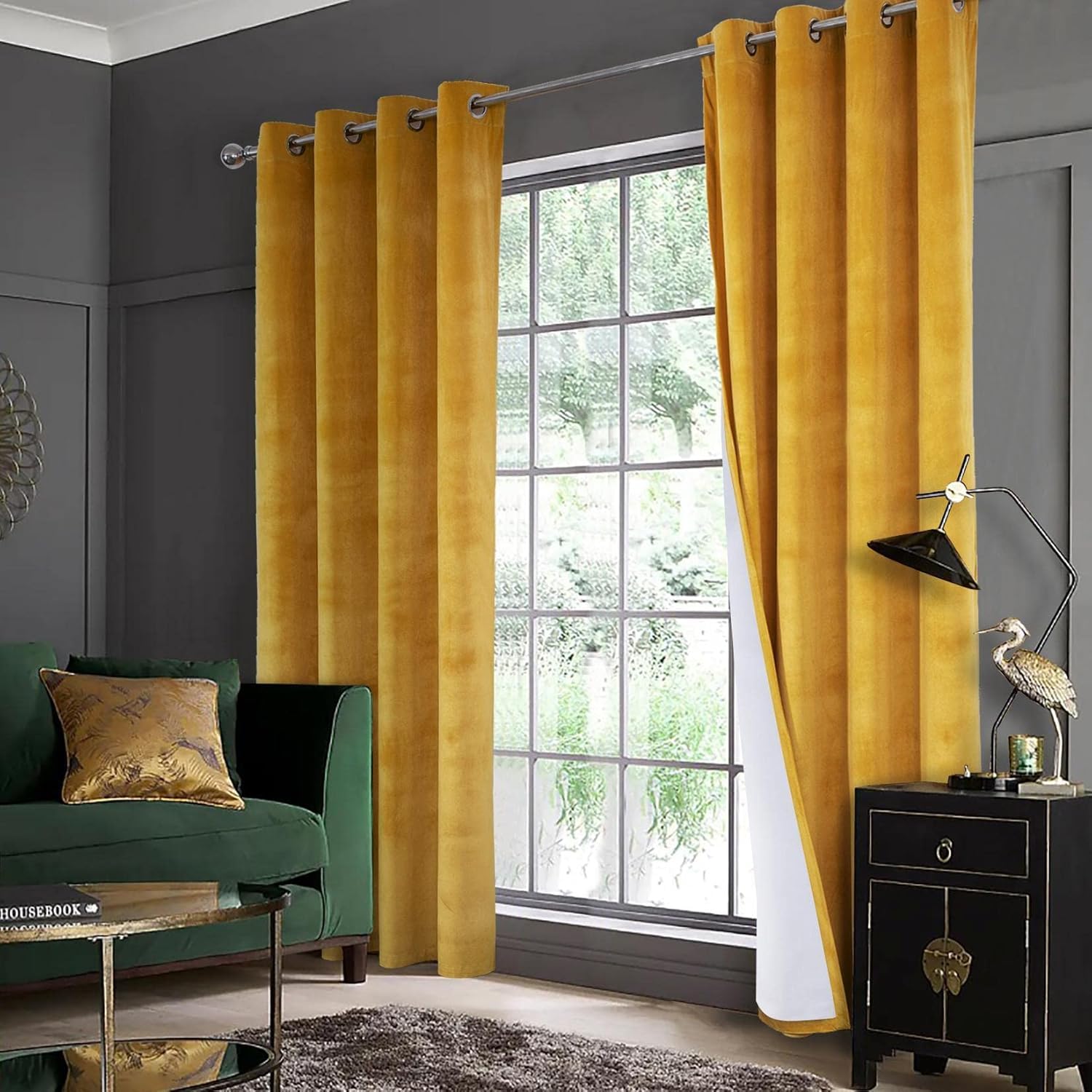 always4u Super Soft Velvet Curtains Yellow Blackout Curtains 66x54 Inches Eyelet Thermal Insulated Fully Lined Window Treatments for Living Room 1 Pair - Image 3