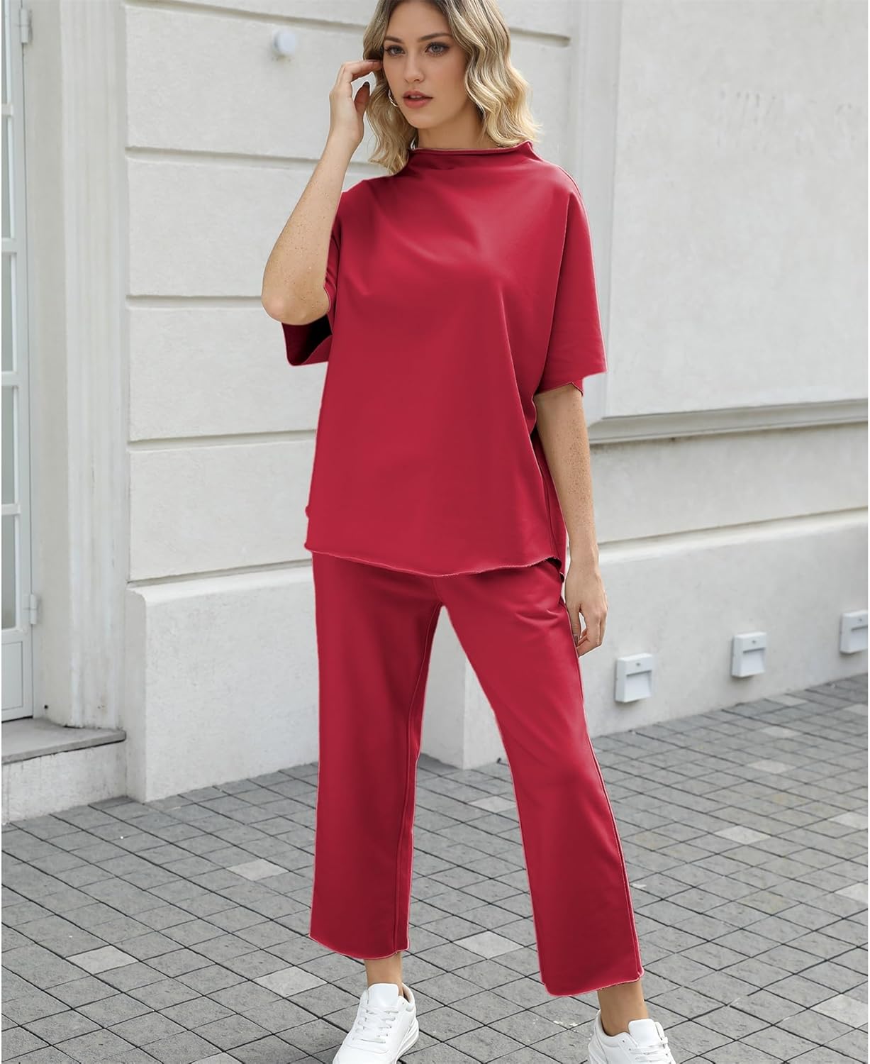 Women's Two Piece Outfits 3/4 Batwing Sleeve Capelet Crew Neck Pullover Top Wide Leg Pants Lounge Set - Image 5