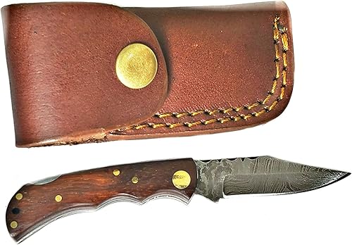 Titan International Knives Navaja de bolsillo de Damasco | Hecho a mano 1095 4340 Carbon Mix Hand Pounded | Funda de cuero personalizada