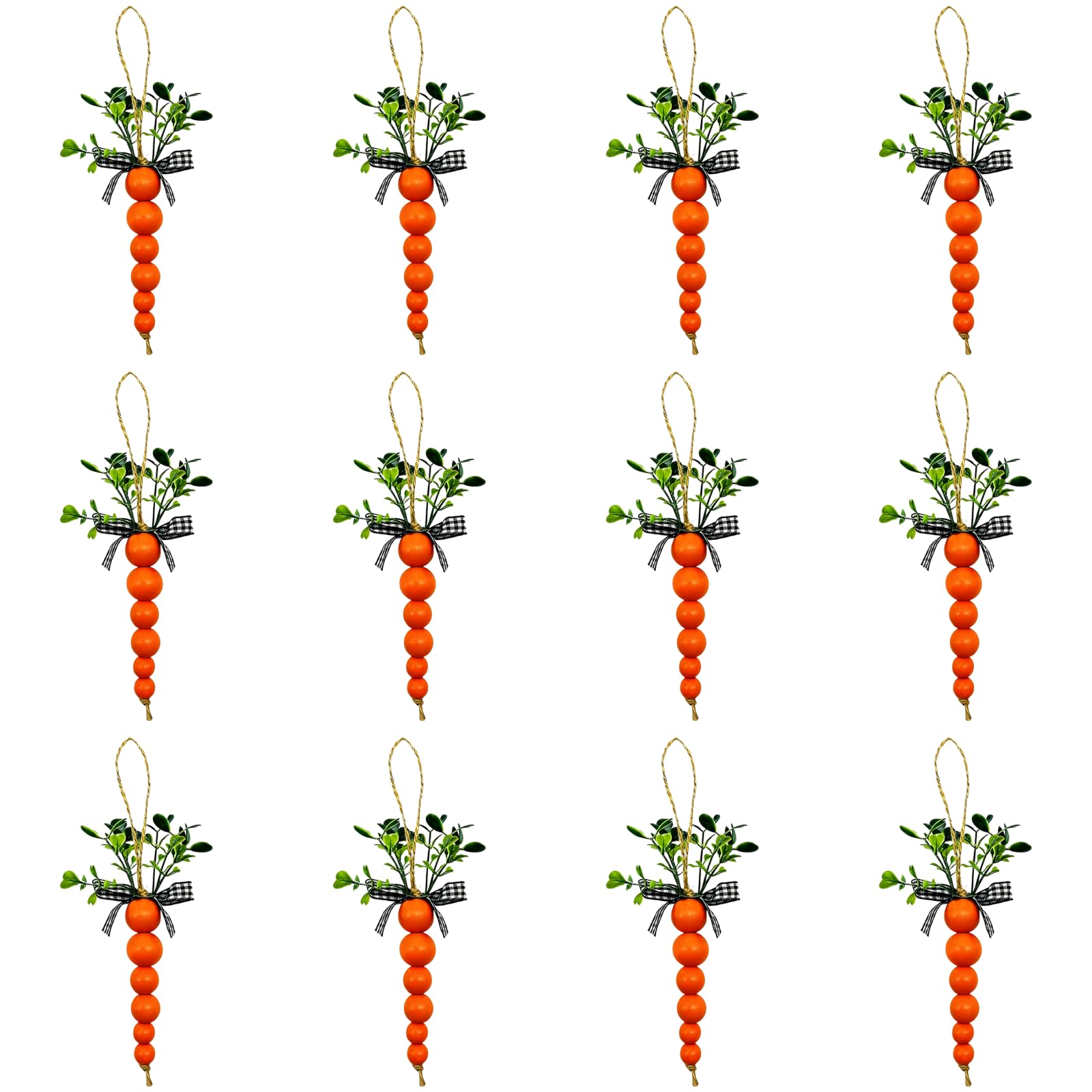 12 Stück Karottenanhänger, österliche Holz-Hängedekorationen, 13,5 cm kreative Perlenanhänger mit grünen Blättern, Orange, Grün, Schwarz und Weiß, für Festfeiern und Wohnraumdeko