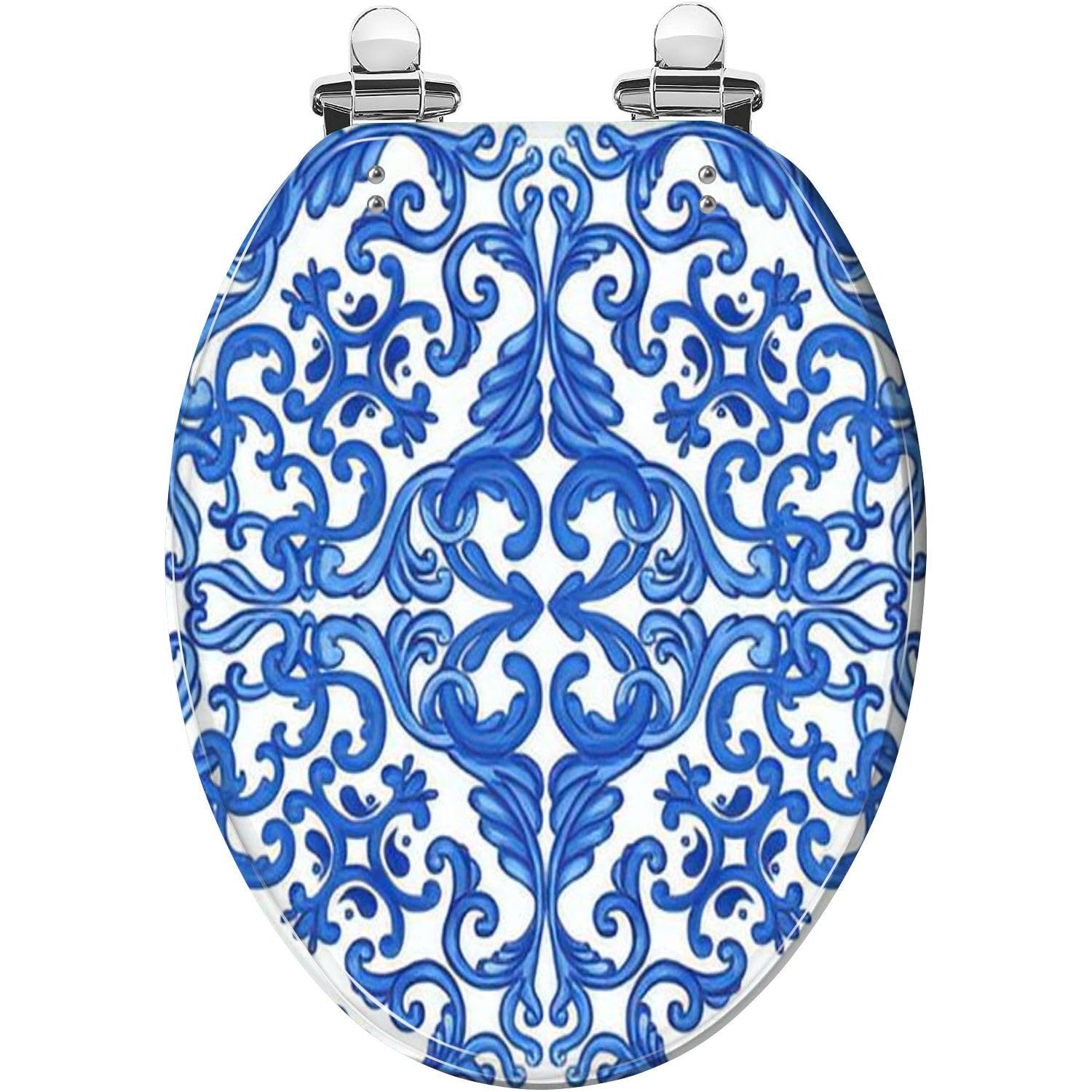 Elongated Toilet Seat Majolica pattern Sicilian hand drawn blue ornament Traditional blue Resin Toilet Seat Slow Quiet Close with Quick-Release Hinges Toilet Seat with Cover Easy to Clean Install