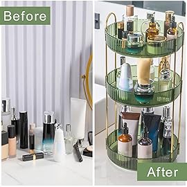 INVSSENE 360 Rotating Makeup Organizer, Bathroom Make Up Spinning Holder Rack, Large Capacity Cosmetics Storage Vanity Shelf Countertop, Fits Cosmetics, Perfume, Skincare(3 Tiers, Green)