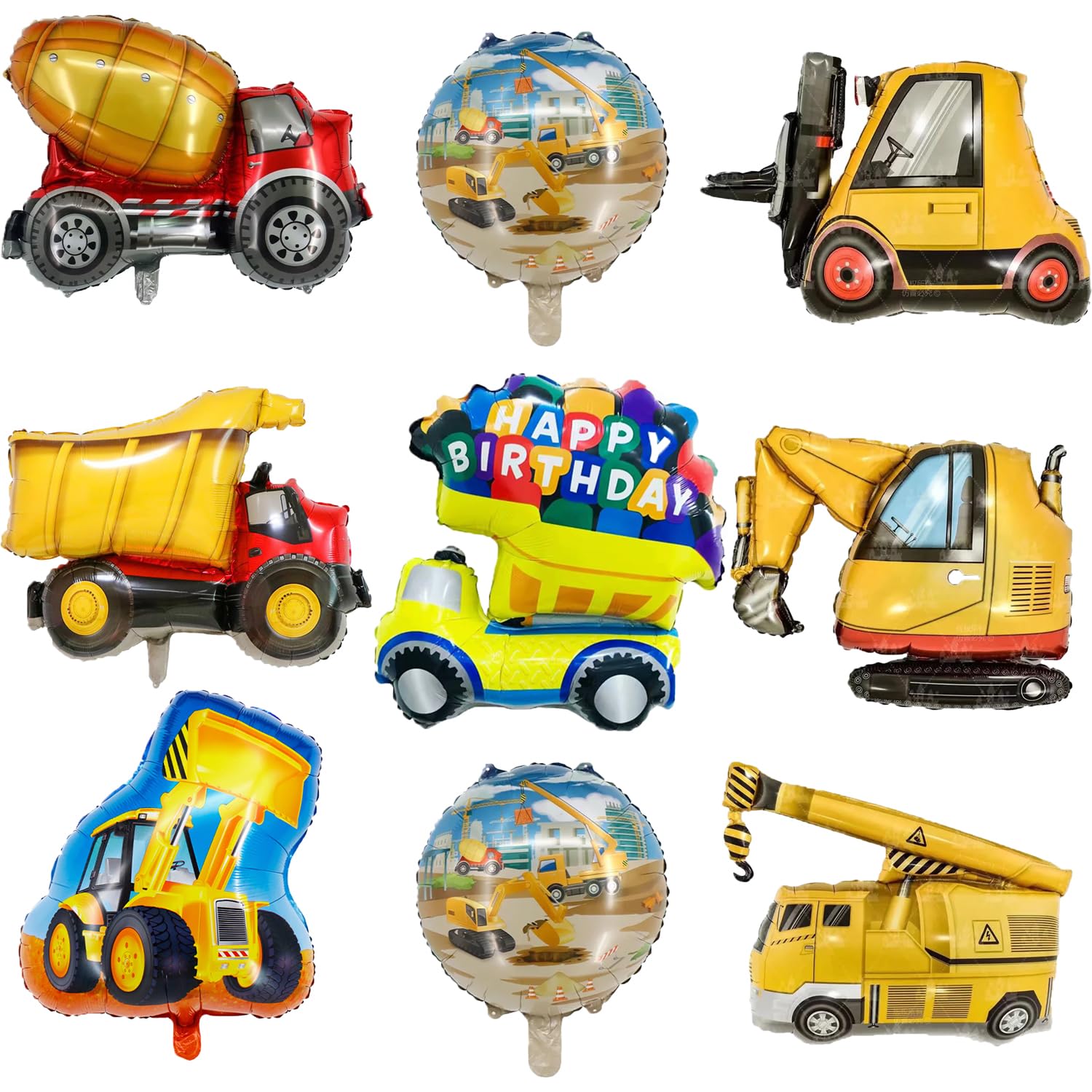 9pc Construction truck party balloons 9pc foil balloon Excavator, bulldozer, tractor party supplies party decorations
