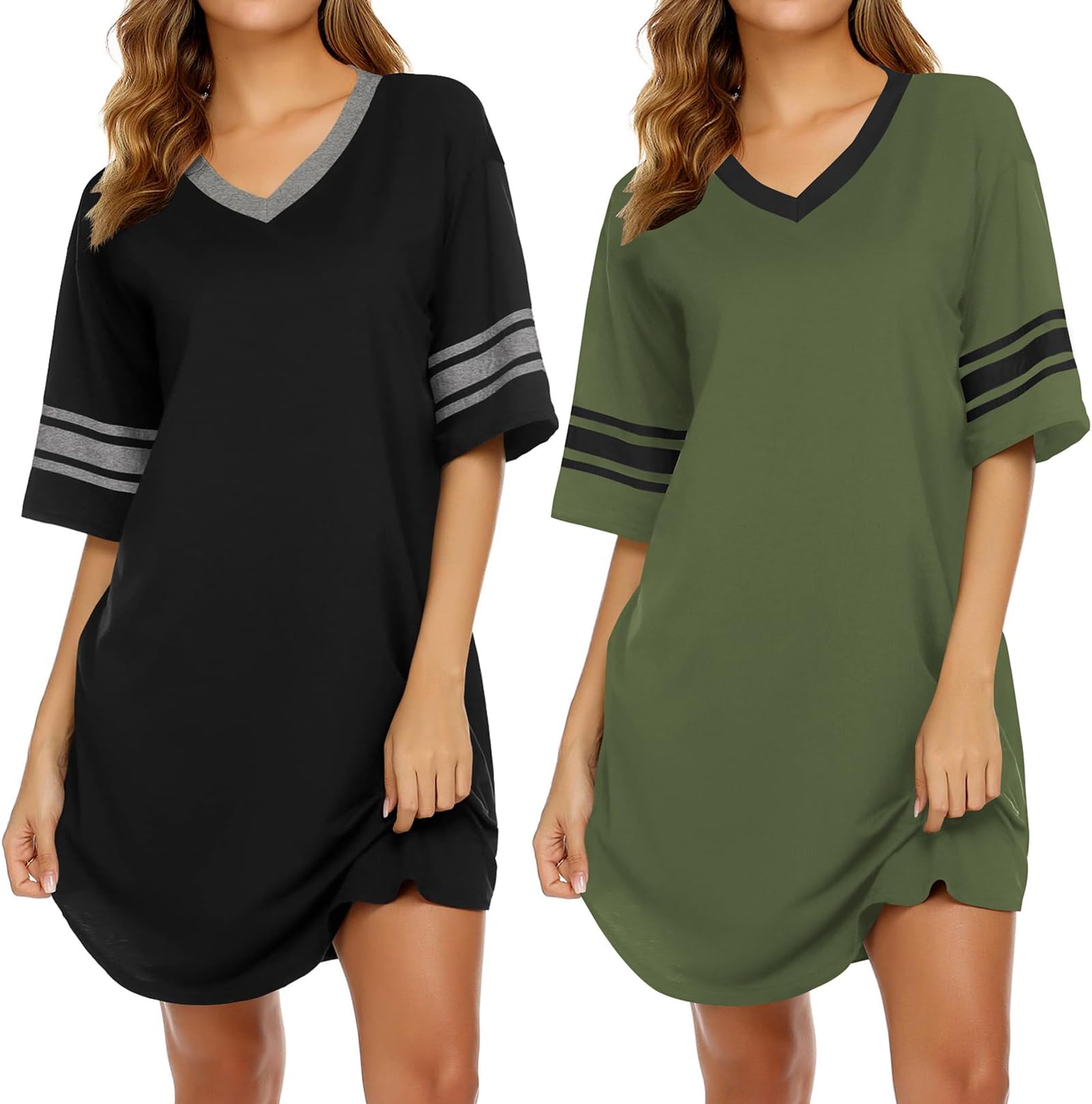 Ekouaer Nightgowns for Women 2 Pack Sleepshirts Short Sleeve Nightshirt V Neck Sleepwear Casual Pajama Dress