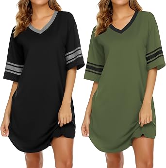 Ekouaer Nightgowns for Women 2 Pack Short Sleeve Nightgown V Neck Sleepwear