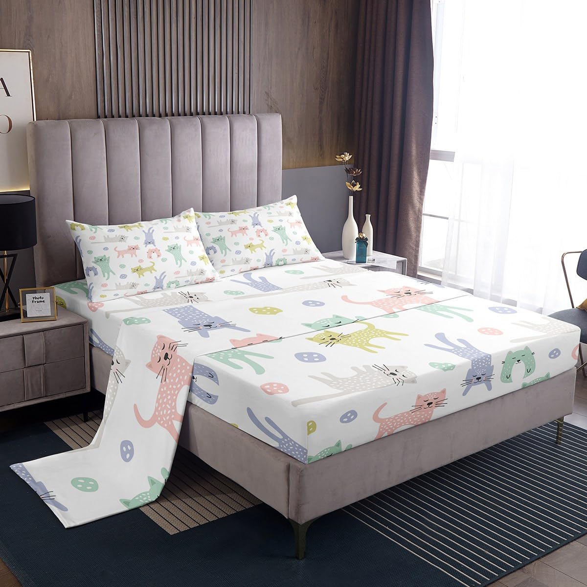 NOGAWA Cat Bed Sheets Split King Set - Cute Animal Print Microfiber Bedding, 16" Deep Pocket