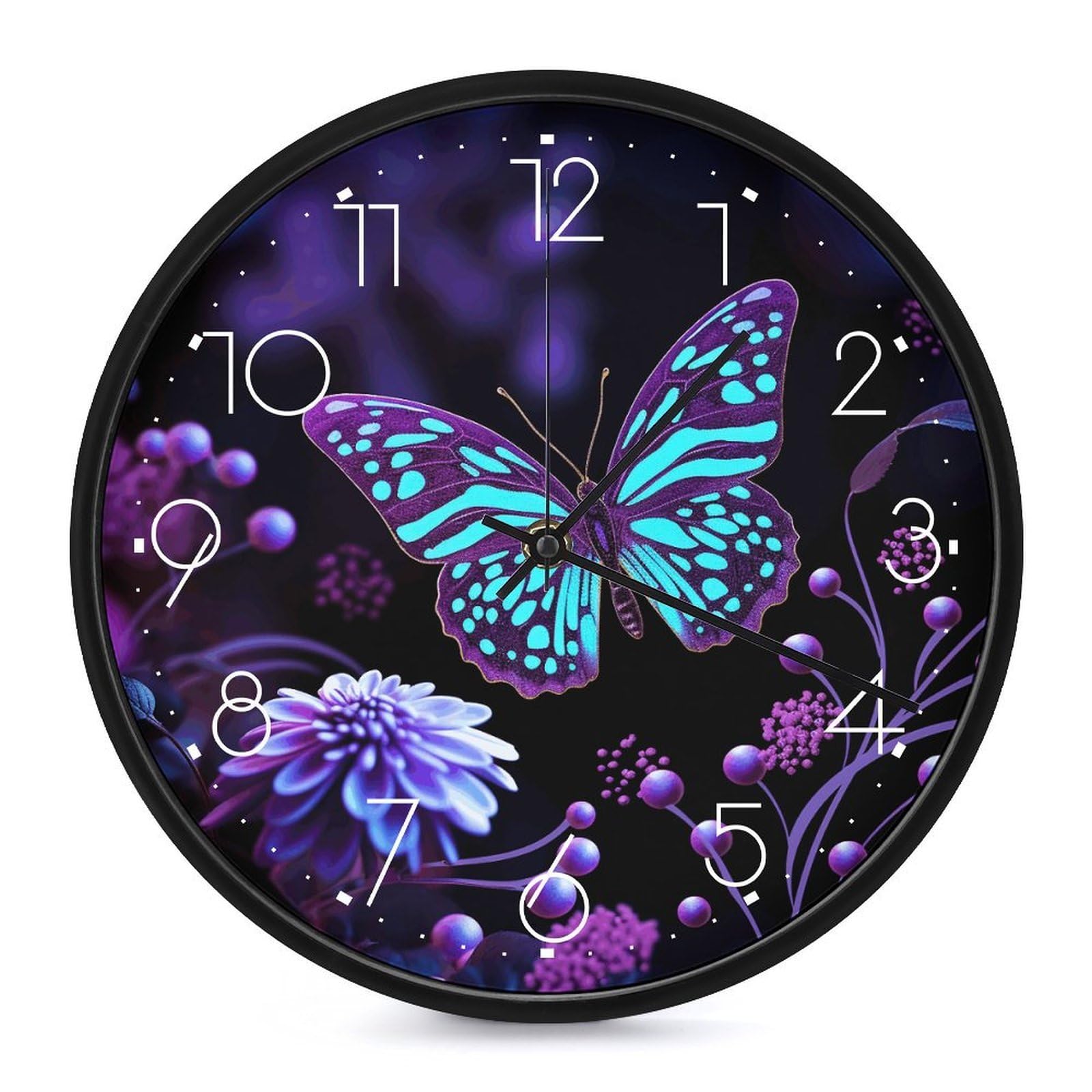Horloge murale ronde fleurie et violette de 25 cm pour salon