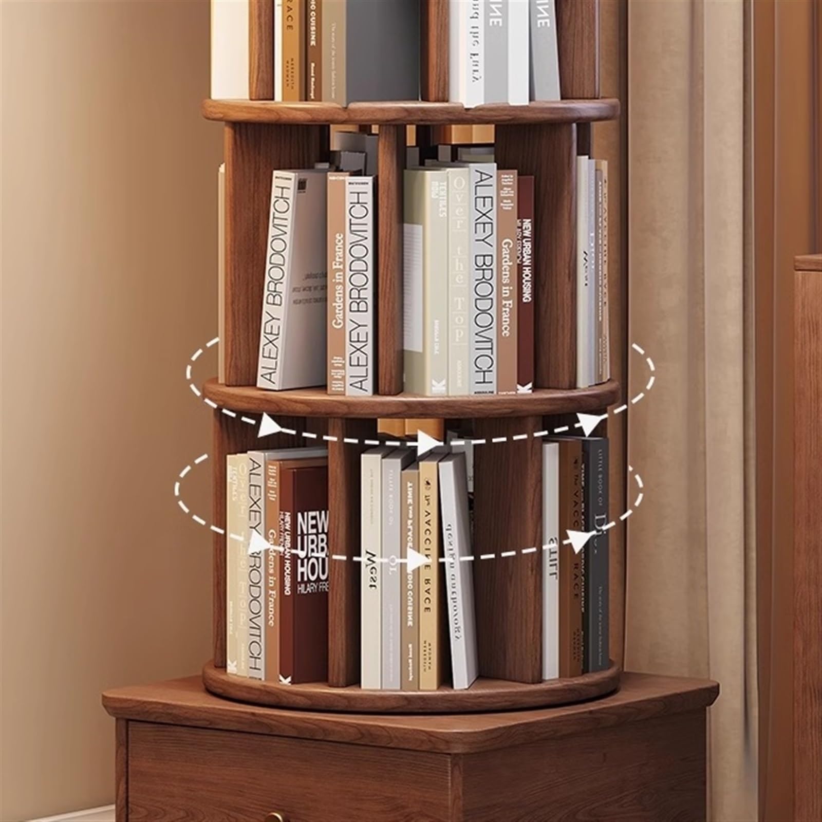 Buchaufbewahrung Drehbares Bücherregal, 360-Grad-Bücherregal, Aufbewahrungsregal for Haushaltsbücher, bewegliches Bodenregal aus Massivholz