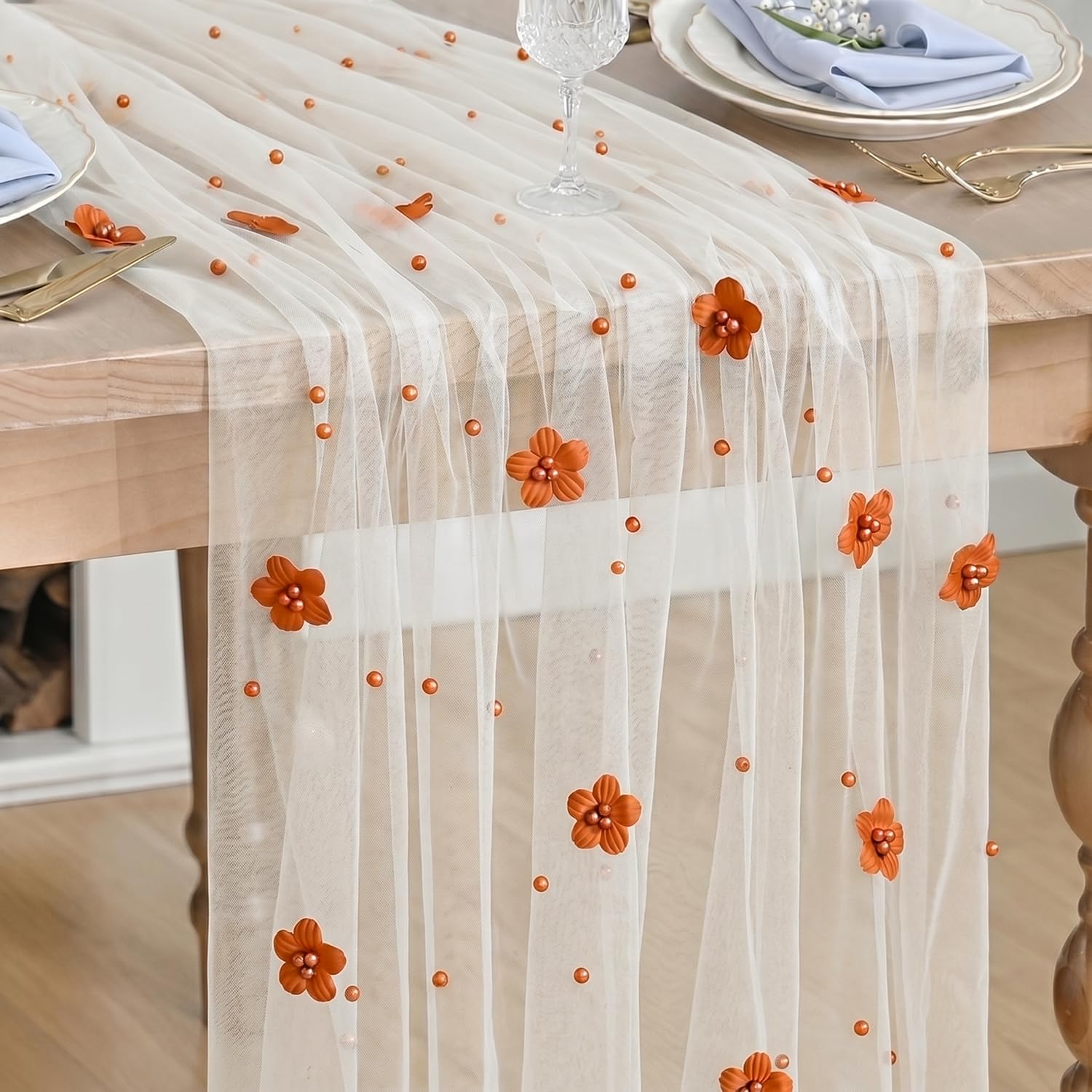 Artoid Mode Caramel Flower Pearl White Gauze Autumn Table Runner 70x300 cm
