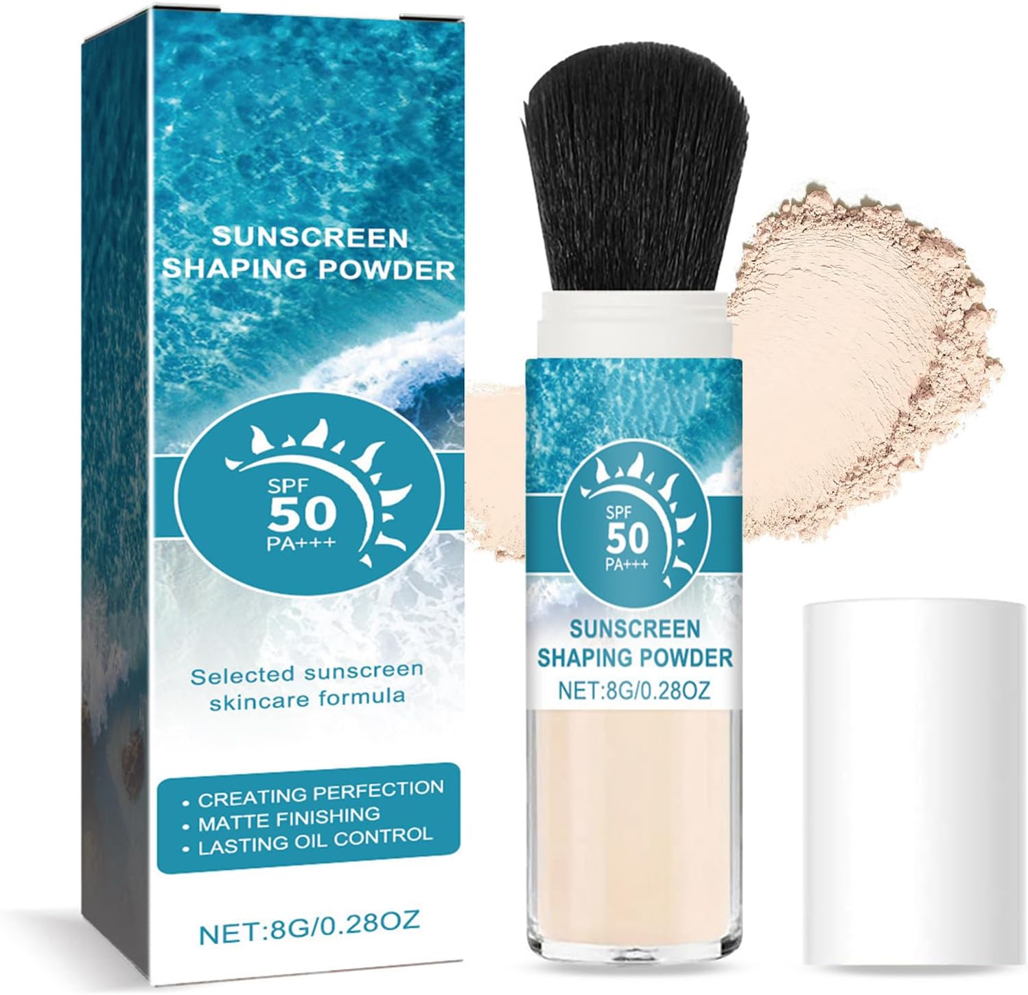 Minerale zonnebrandpoeder, SPF 50 Sunscreen mat, los poeder met kwast, oliecontrole en duurzaam setpoeder, waterdicht poeder, make-up poeder, licht en ademend, make-uppoeder, geschikt voor alle