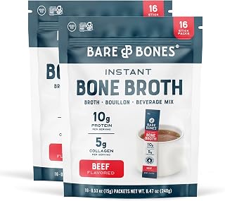 Bare Bones Beef Bone Broth Instant Powdered Mix | Rich Savory Packets on-the-Go No Artificial Flavors | 100% Grass Fed Keto & Paleo Friendly | Sticks 10g Protein | 32 Pack