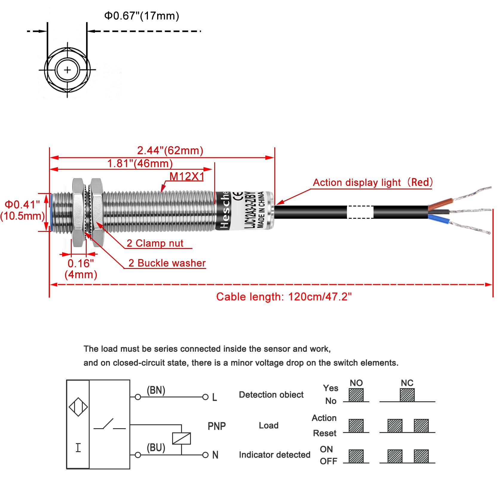 Heschen M12 Kapazitiver Näherungssensor Schalter Schildtyp LJC12A3-2-Z/BY Detektor 1-2mm 10-30VDC 200mA PNP Normalerweise Offen(NO) 3 Drähte
