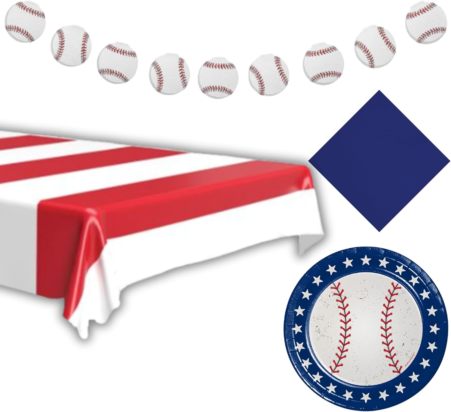Baseball Party Supplies - All Star Red, White, & Blue Paper Dessert Plates, Napkins, Table Cover, and Baseball Garland Set (Serves 16)