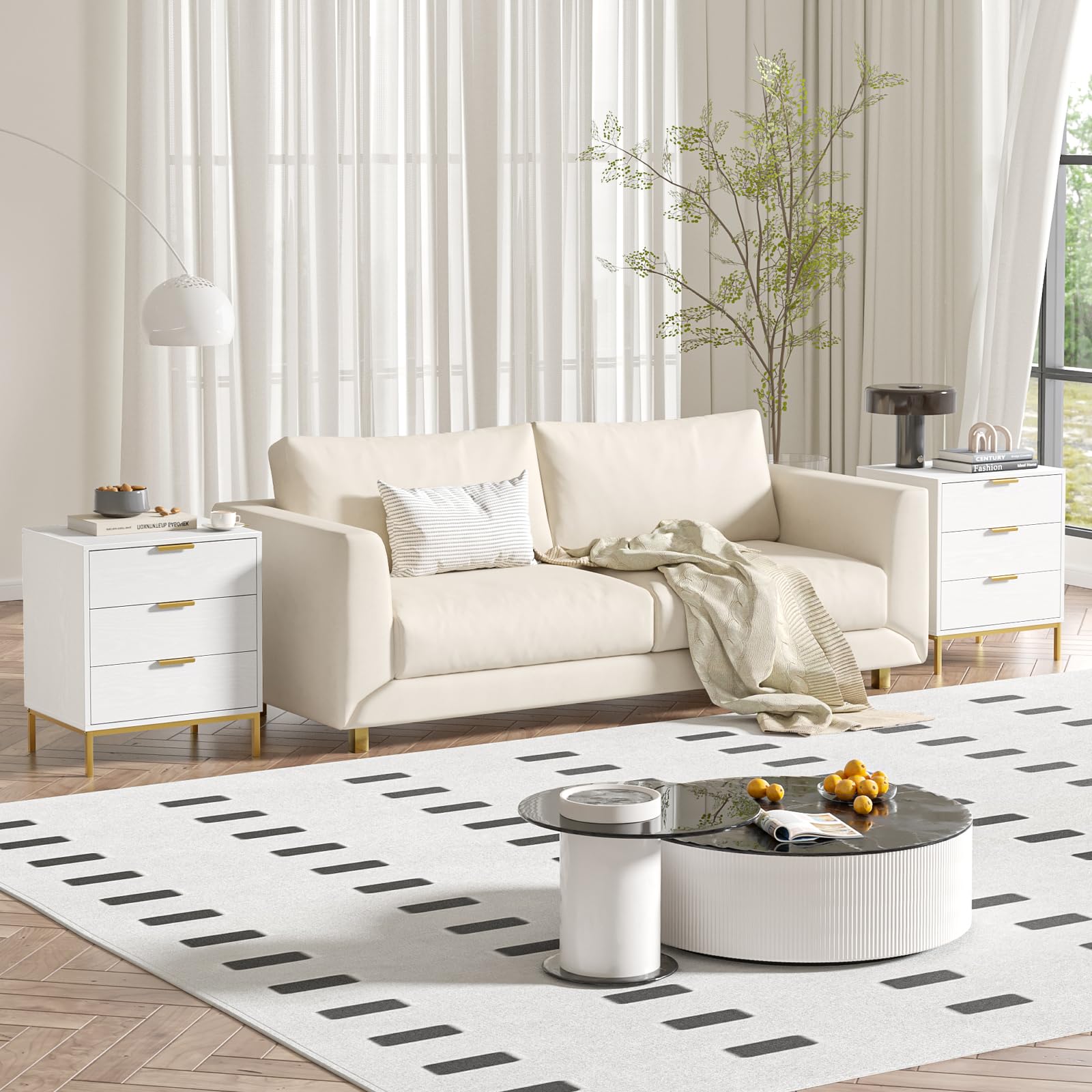 Table de Chevet en Bois avec 3 tiroirs décorés à la Main en rotin (Blanc)
