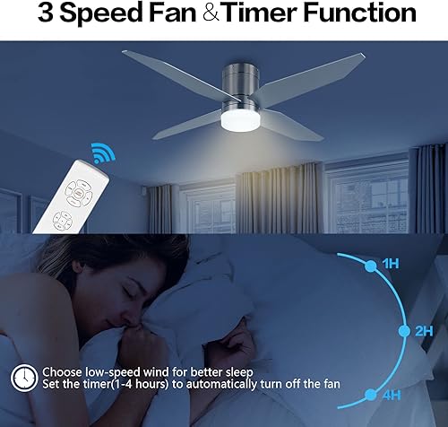 Miniatura 8 de Ventilador de techo de 52 pulgadas con luz y control remoto, ventilador de techo LED de perfil bajo de 4 aspas, motor reversible silencioso,