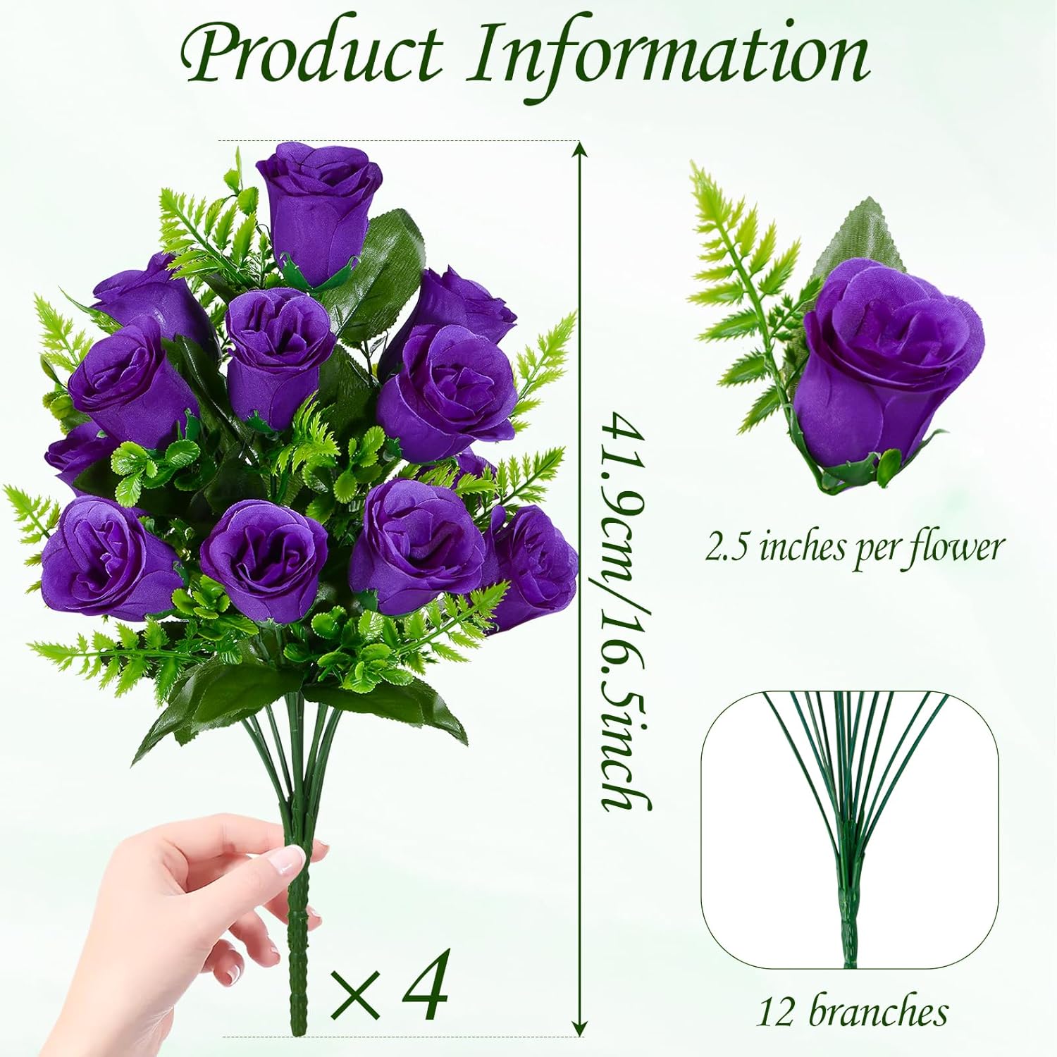 XONOR Artificial Rose Flowers - 4Bouquets Realistic Fake Silk Roses for Wedding Party Home Centerpieces Office DIY Cemetery Grave Decoration (Pack of 4, Purple)