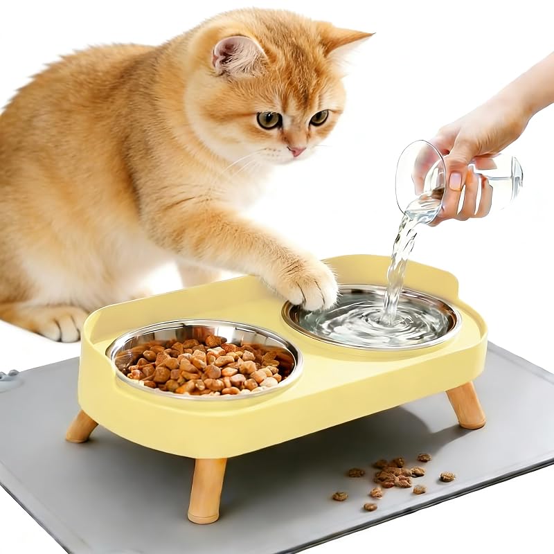 Pote elevado para gatos DIRZHX com tapete impermeável, 2 tigelas de aço inoxidável, Amarelo
