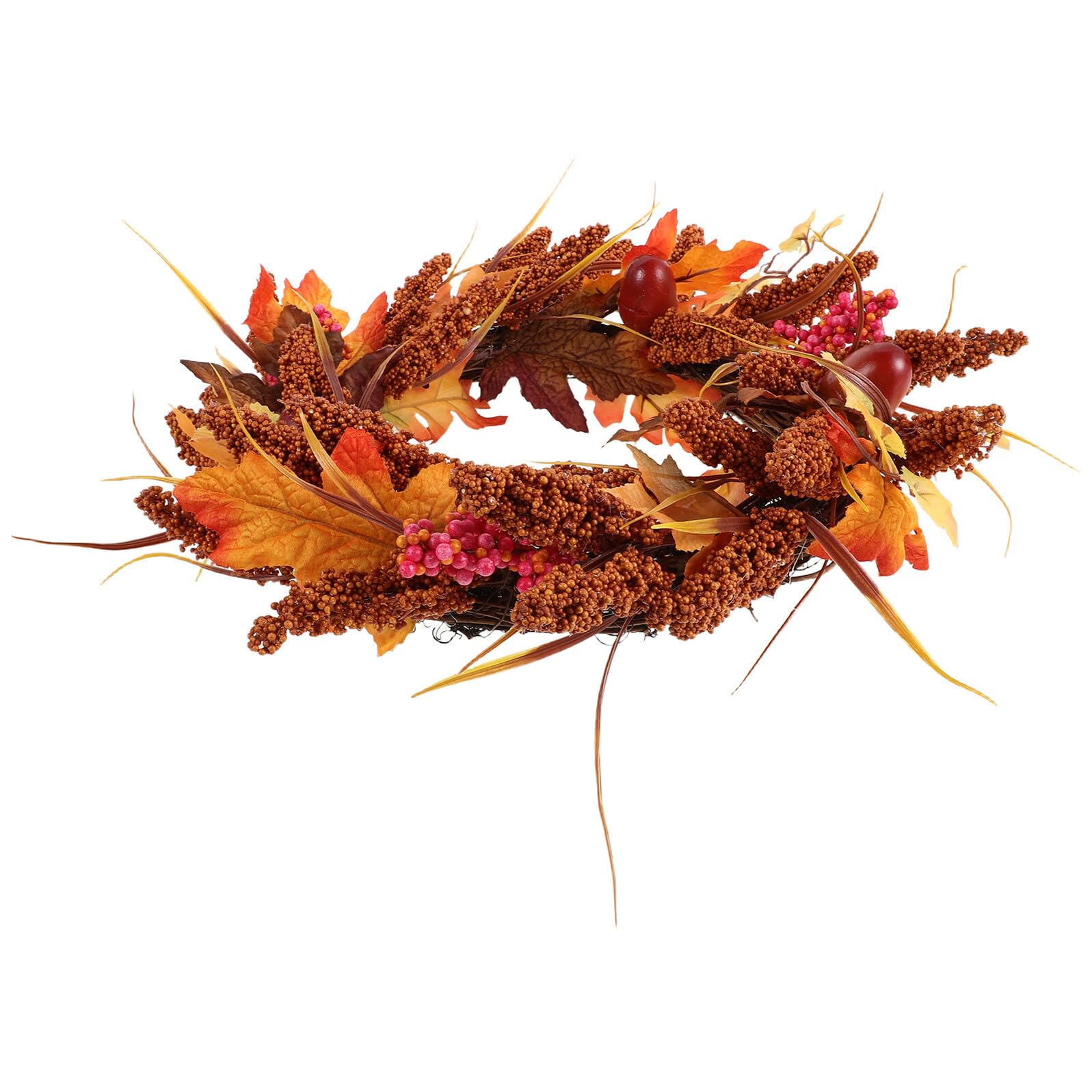 Cabilock Künstlicher Herbstlaubkranz mit Eicheln Ahornblättern und Beeren Stabiles Drahtgestell Pflegeleichte Erntedank-Dekoration für Haustür Wand und Fenster im Herbst
