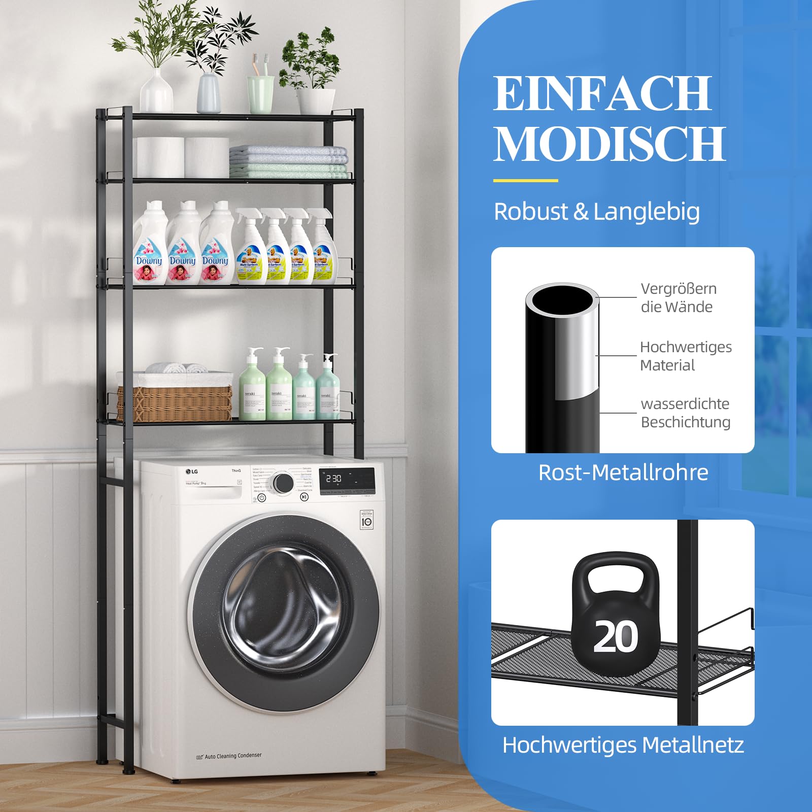 OUTWOLF Waschmaschinenregal Waschmaschinenschrank Überbauschrank ohne Bohren 4 Ebenen Badezimmerregal, Hochkohlenstoffstahl Toilettenregal, Platzsparender Badezimmerträger, Schwarz