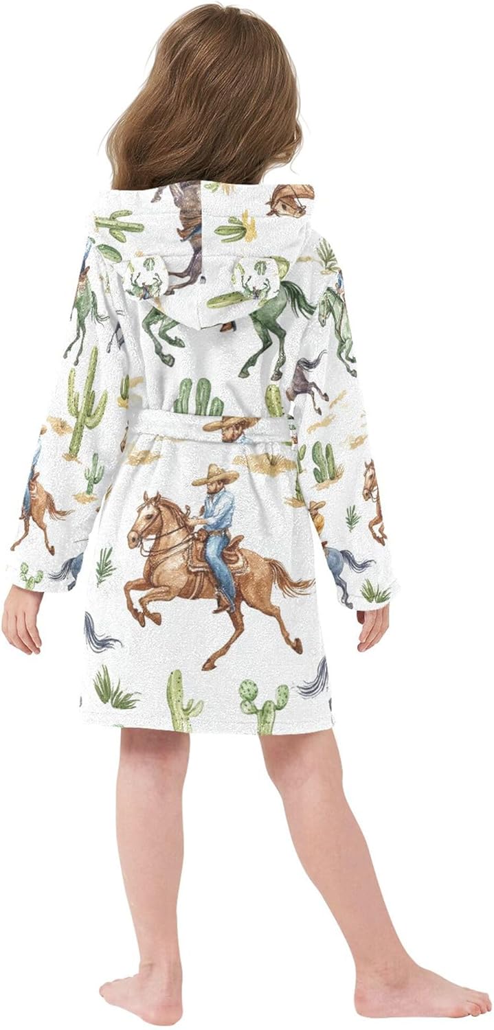 Watercolor Cowboys on Horses Bathrobe Hooded PJ Robe Soft Fleece Robe Pajama Sleepwears 2-12 Years