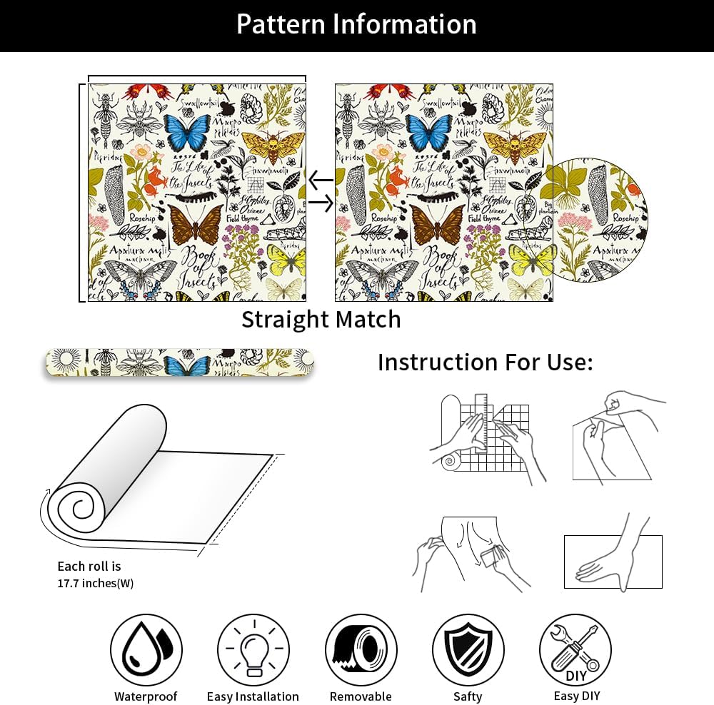 Boho Modern Butterfly Yellow Insect Sketch Peel and Stick Wallpaper Easy Peel Off Contact Paper Stick on Adhesive Wall Paper for Bathroom Waterproof Renter Friendly