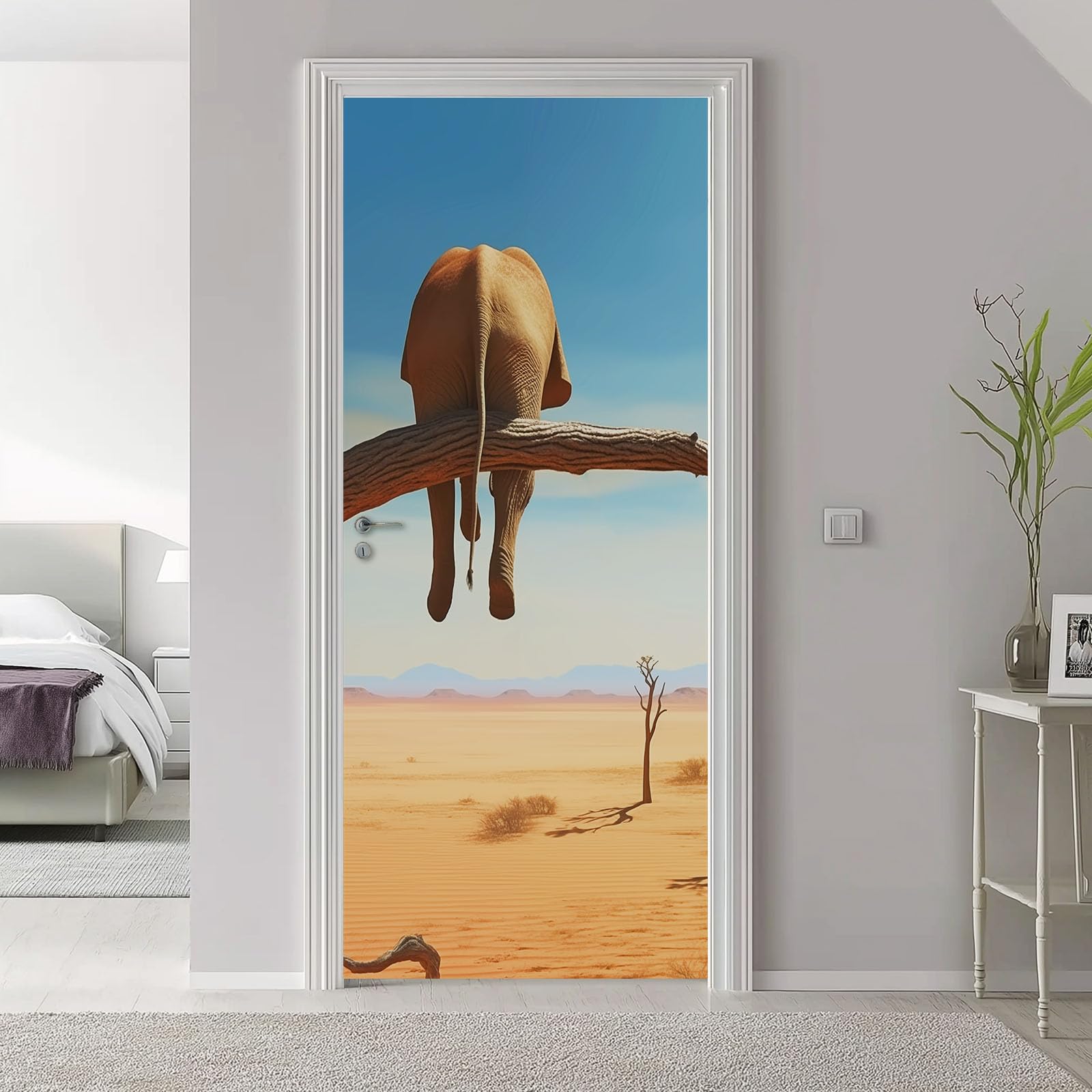 Animal Elephant - Poster adesivo per porta, autoadesivo, da parete, motivo: natura dune, cielo, blu marrone, adesivi per porta in PVC, per camera da letto, soggiorno, cucina, 95 x 215 cm