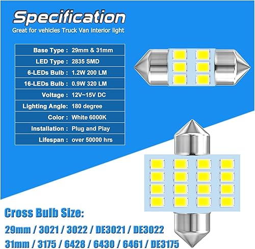 Miniatura 2 de Bombilla LED de 12 V DE3175 DE3175LL de 1.142 in, 1.181 in, 1.220 in, festoon 3175 DE3022 DE3021 3022 3021, blanco, 160 lúmenes320 lm para