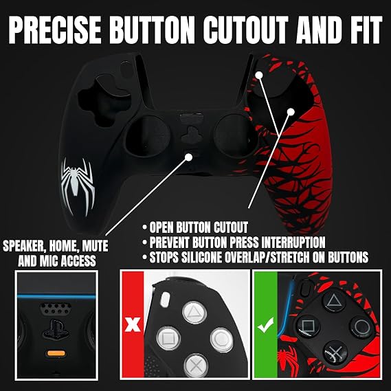 ElitePlay Black and Red Spider Non-Slip Silicone Case for PS5 Controller Soft Rubber Case for PS5 Wireless Controller with 2 Sets of Thumb Grips