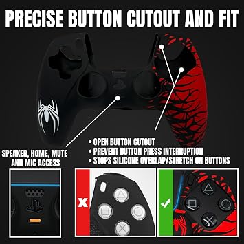 ElitePlay Black and Red Spider Non-Slip Silicone Case for PS5 Controller Soft Rubber Case for PS5 Wireless Controller with 2 Sets of Thumb Grips