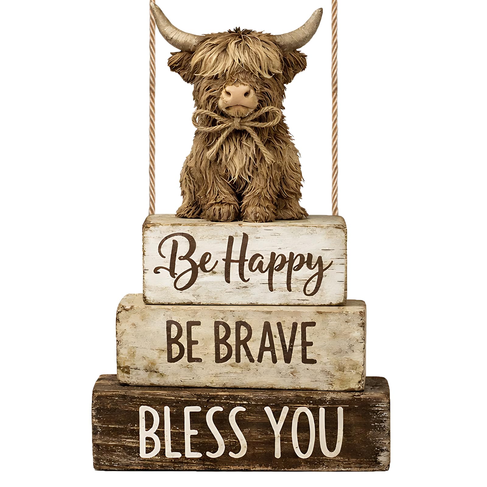 Highland Cow Wall Plaque, Highland Cow Wood Hanging Ornaments, Rustic Bless You Hanging Sign, Be Happy & Brave Cows Ornaments for Bathroom, Bedroom & Kitchen, Motivational Gifts for Cows Lover